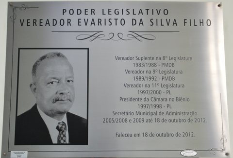 Prédio da Câmara leva o nome do ex-vereador Evaristo da Silva Filho, falecido em 2012